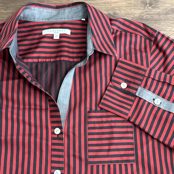 Foxcroft Top Womens 14P Red Black Striped Button Down Up Shirt Non Iron - Picture 1 of 7